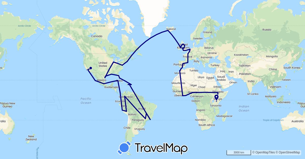 TravelMap itinerary: driving, plane in Belgium, Brazil, Côte d'Ivoire, Colombia, Cuba, Dominican Republic, Spain, Ethiopia, France, United Kingdom, Ghana, Gibraltar, Ireland, Iceland, Kenya, Morocco, Mexico, Nigeria, Netherlands, Panama, Peru, United States (Africa, Europe, North America, South America)